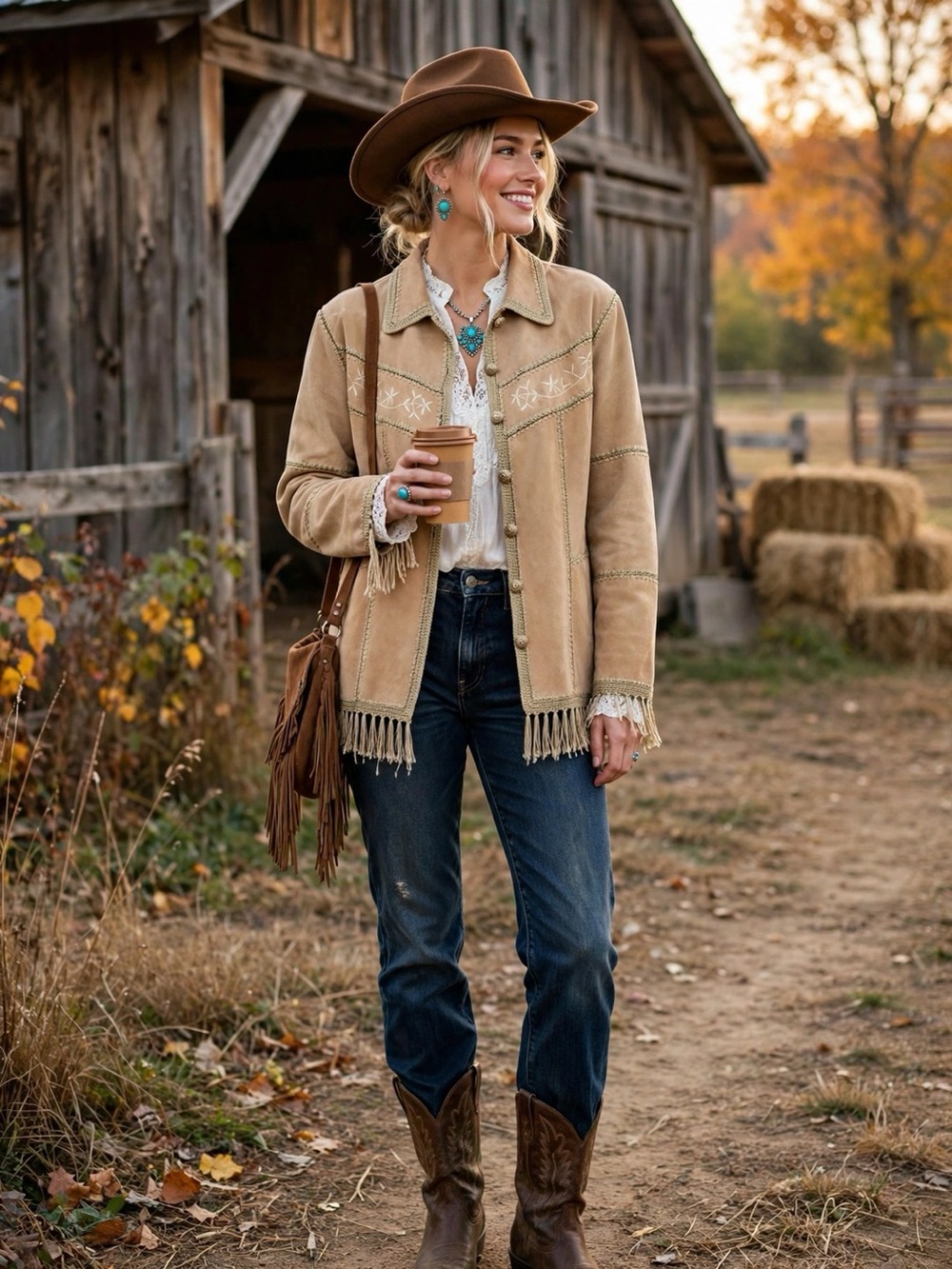 Dressbarn Tan Suede Leather Western Fringe Jacket Embroidery | Size L